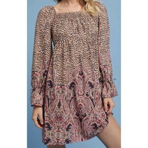 Maeve Anthropologie Milou Dress Size Med Paisley Babydoll Boho Peasant Smocked